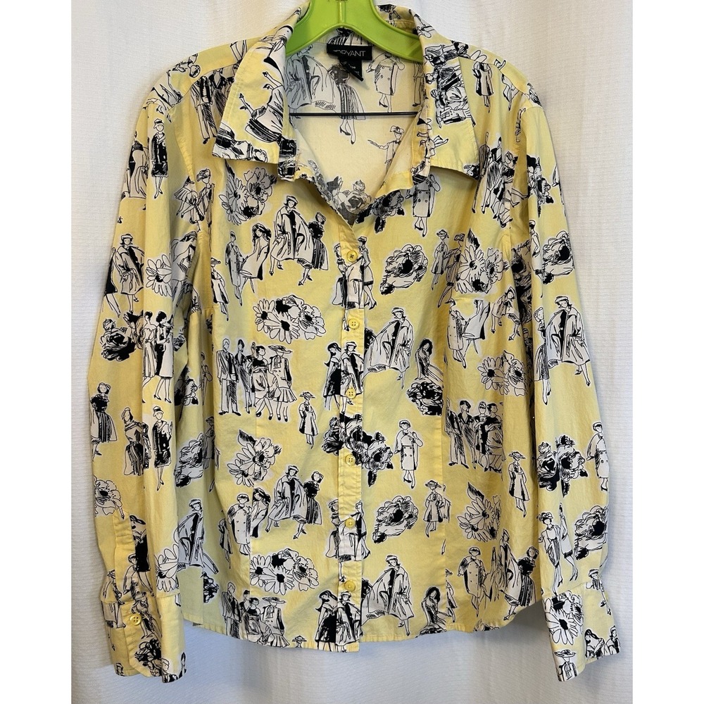VTG Y2K Yellow Button Up Blouse Novelty Print Mid century Fashion 14/16 Mad Men